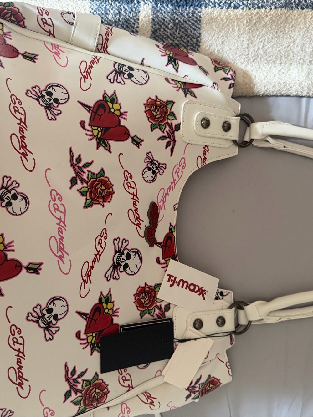 Ed Hardy White Tote with Red Heart & Skull Print